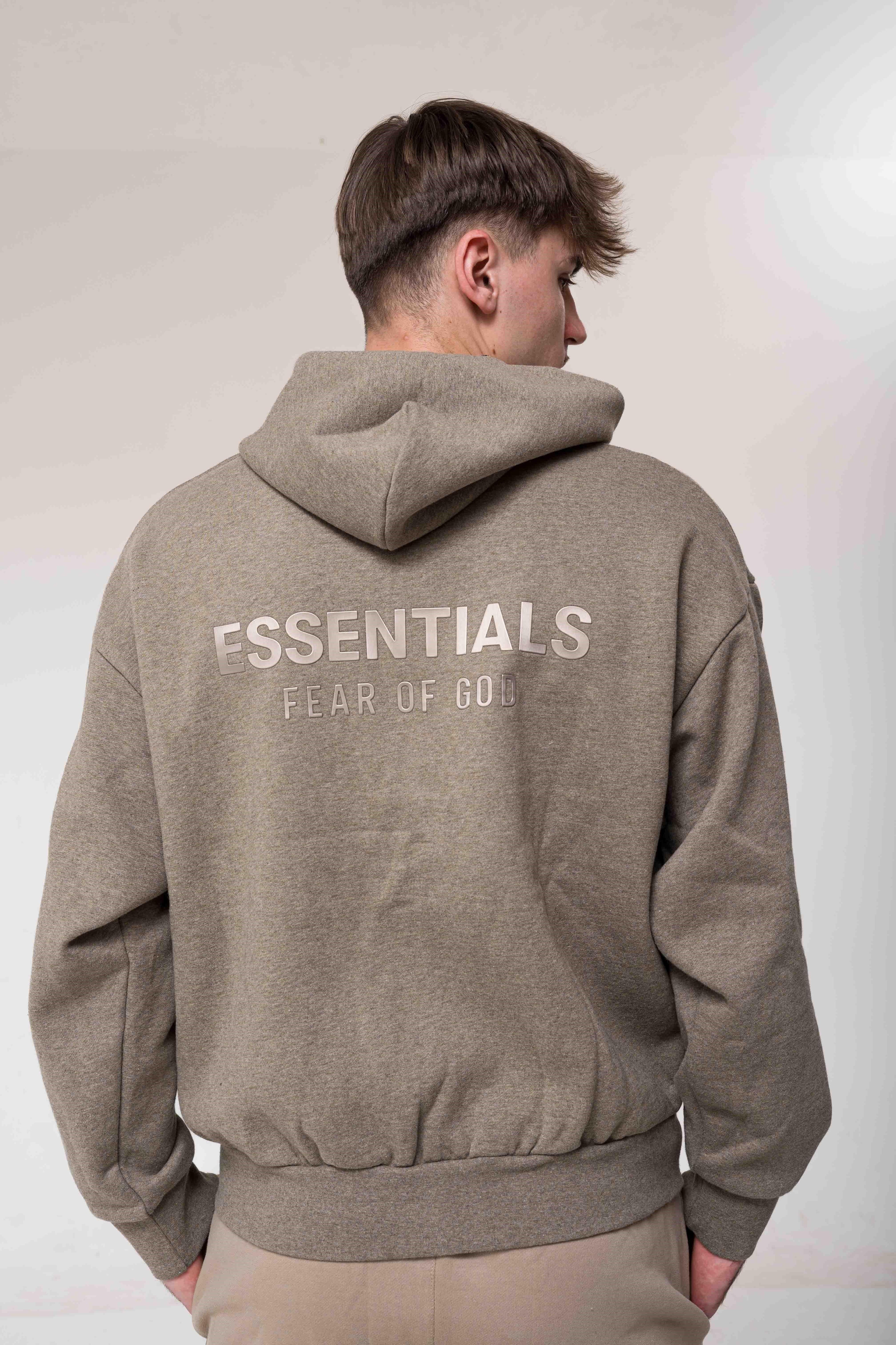 Fear of God Essentials Classic Fleece Zip-Up Hoodie Homestead Heather back logo