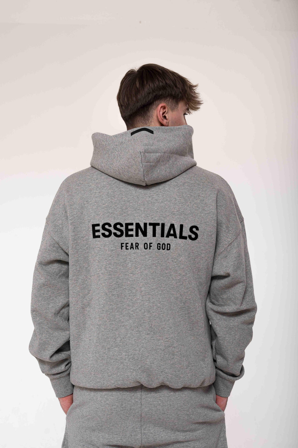 Fear of God Essentials Dark Oatmeal Hoodie back view