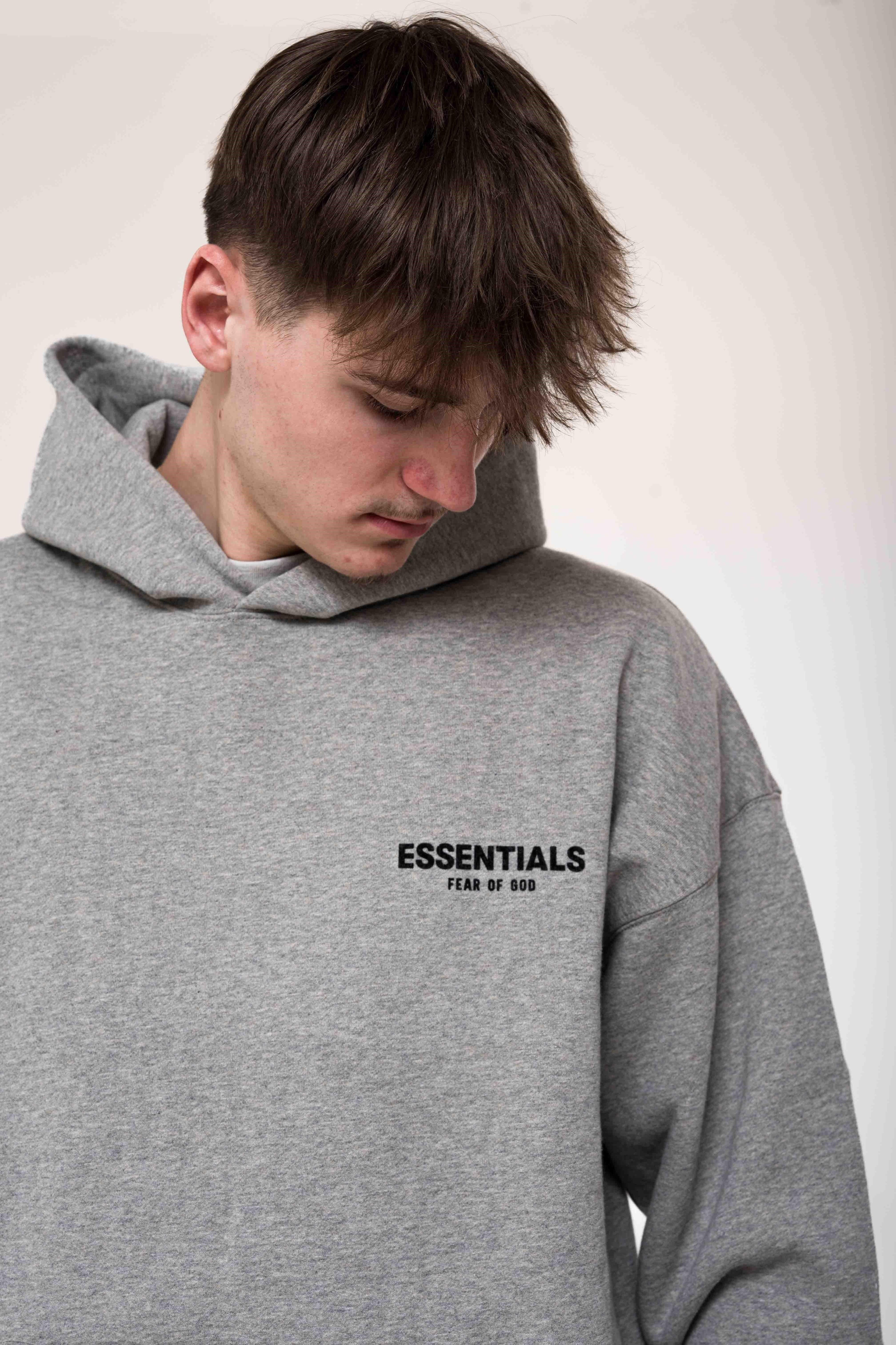 Fear of God Essentials Dark Oatmeal Hoodie logo detail