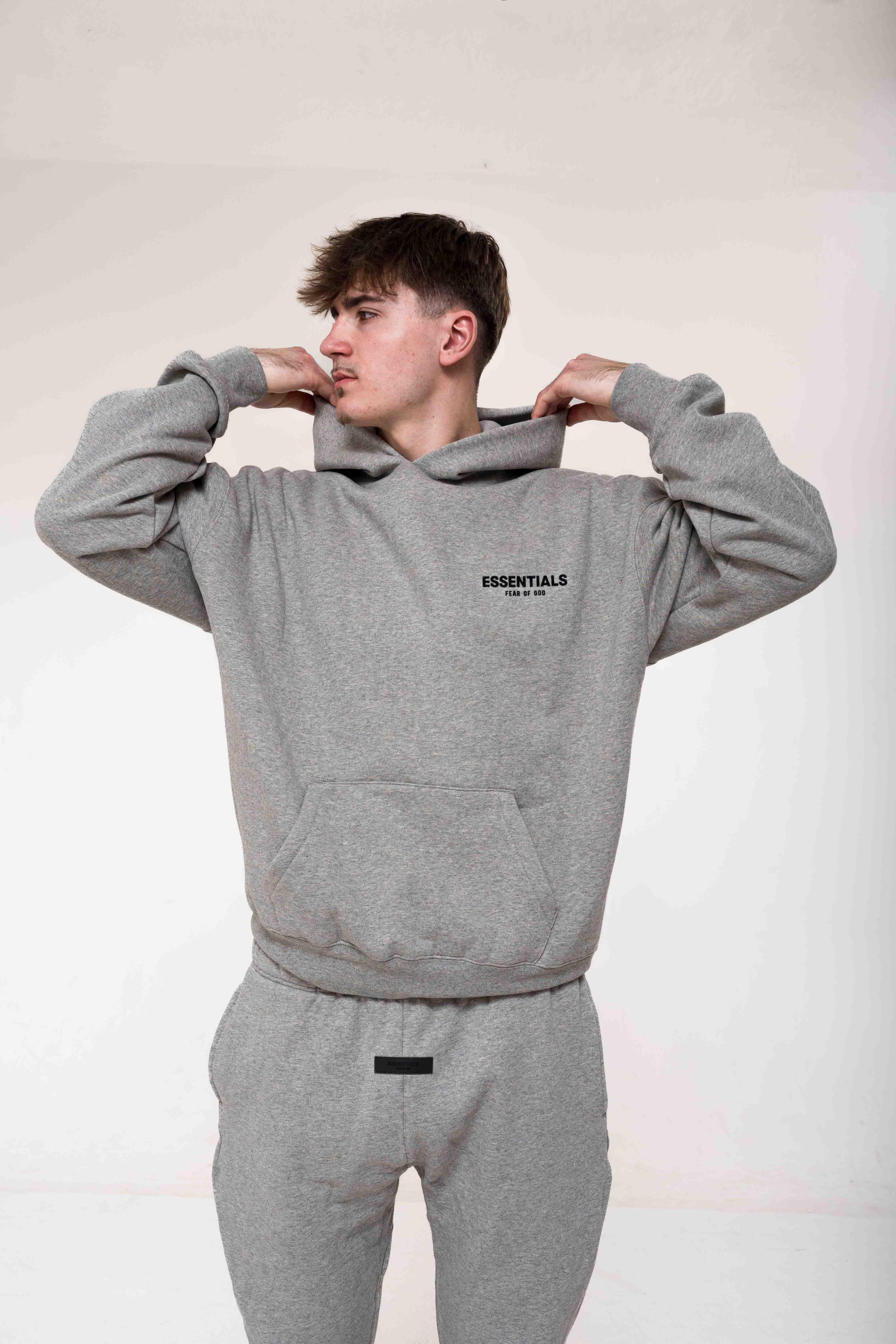 Fear of God Essentials Dark Oatmeal Hoodie outfit