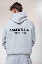 Fear of God Essentials Fleece Hoodie Light Heather Gray back logo