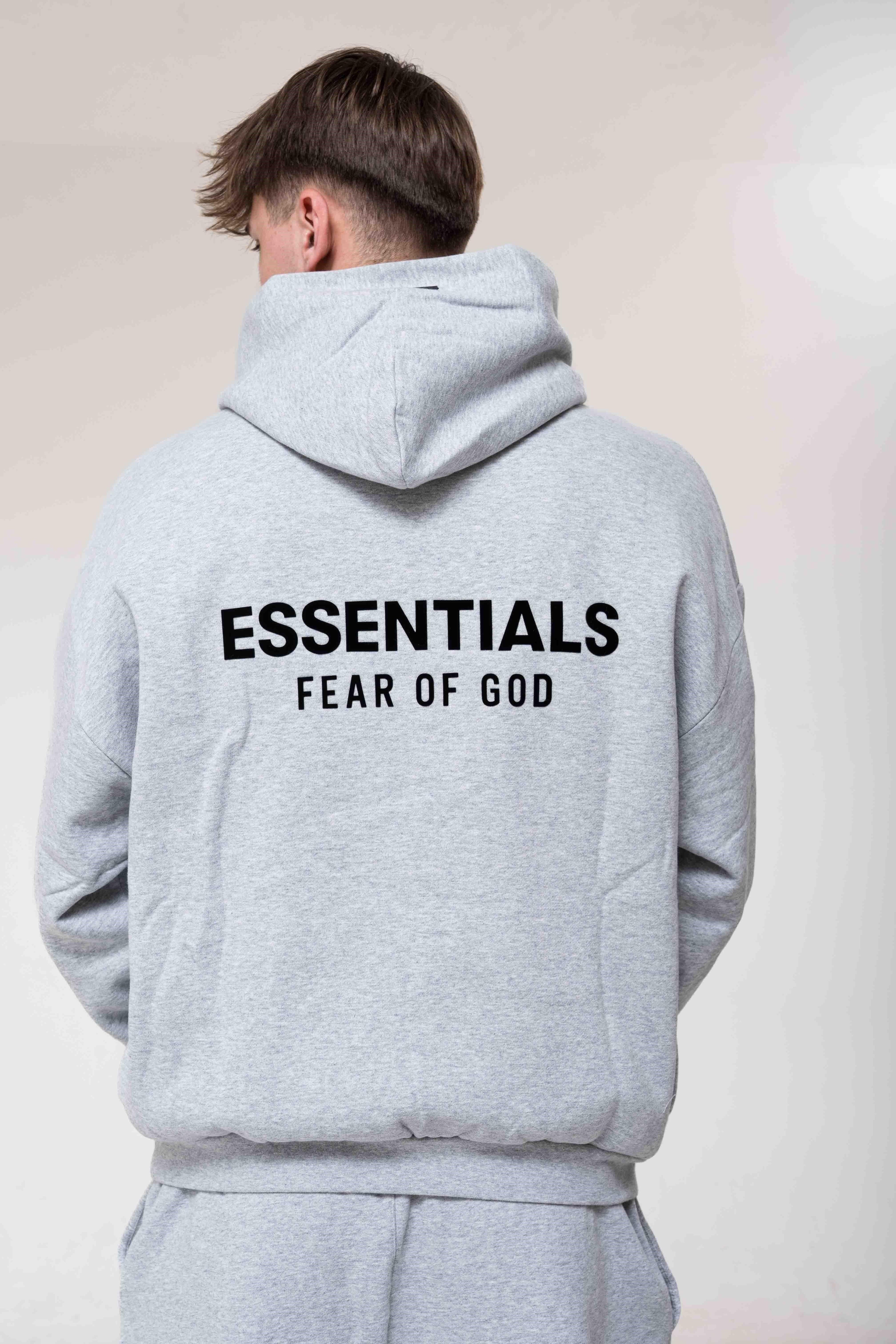 Fear of God Essentials Fleece Hoodie Light Heather Gray back logo