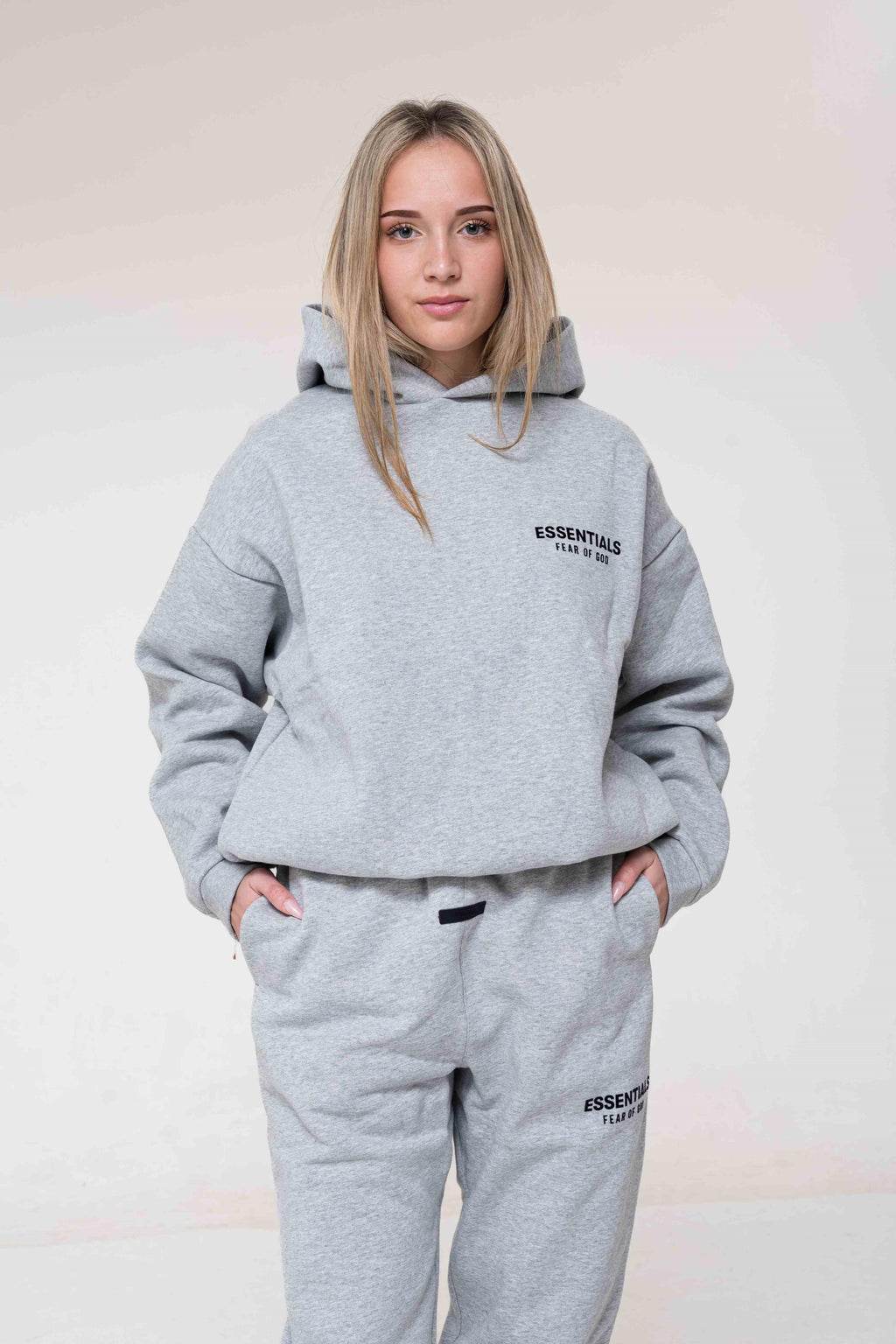 Fear of God Essentials Fleece Hoodie Light Heather outfit