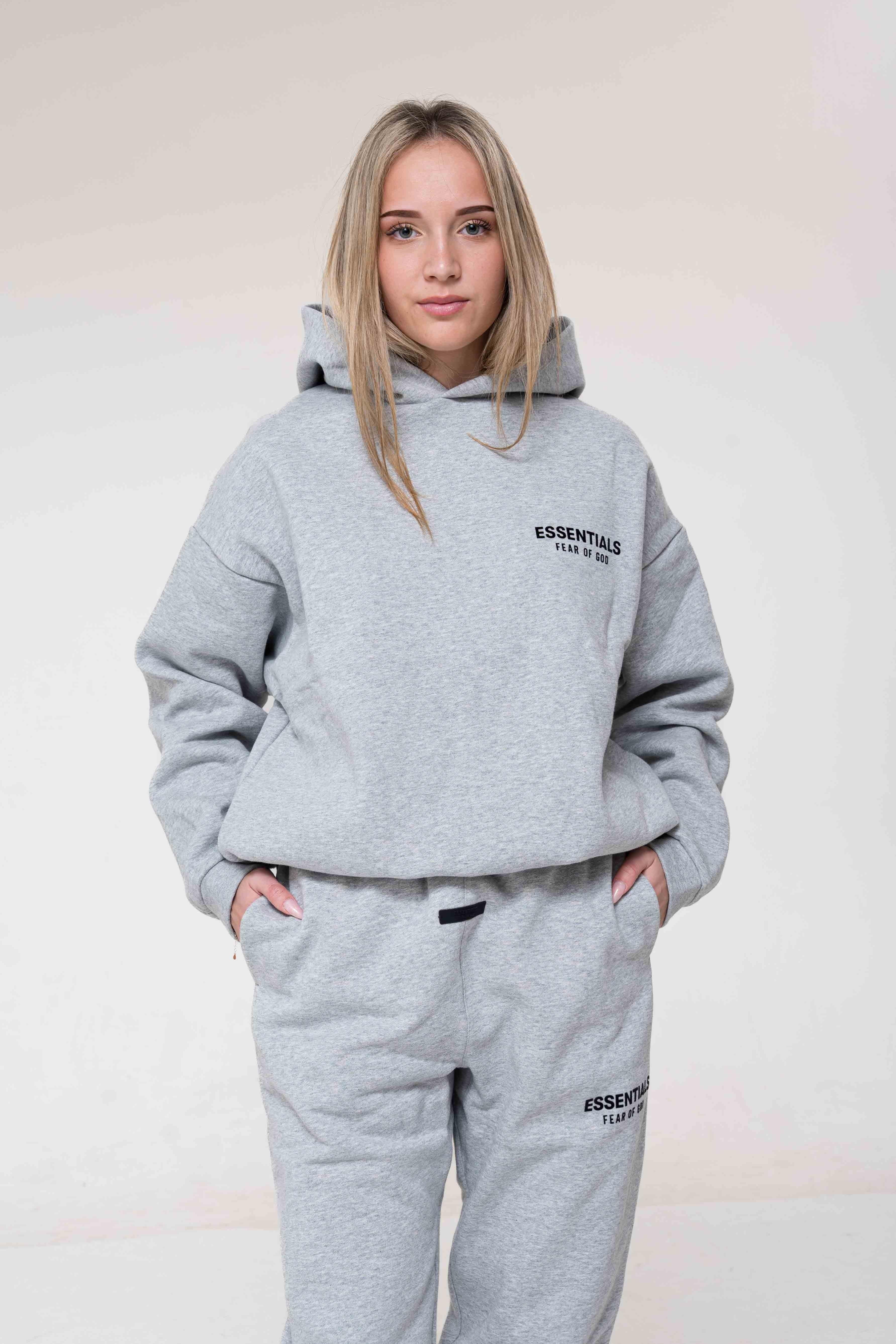 Fear of God Essentials Fleece Hoodie Light Heather outfit