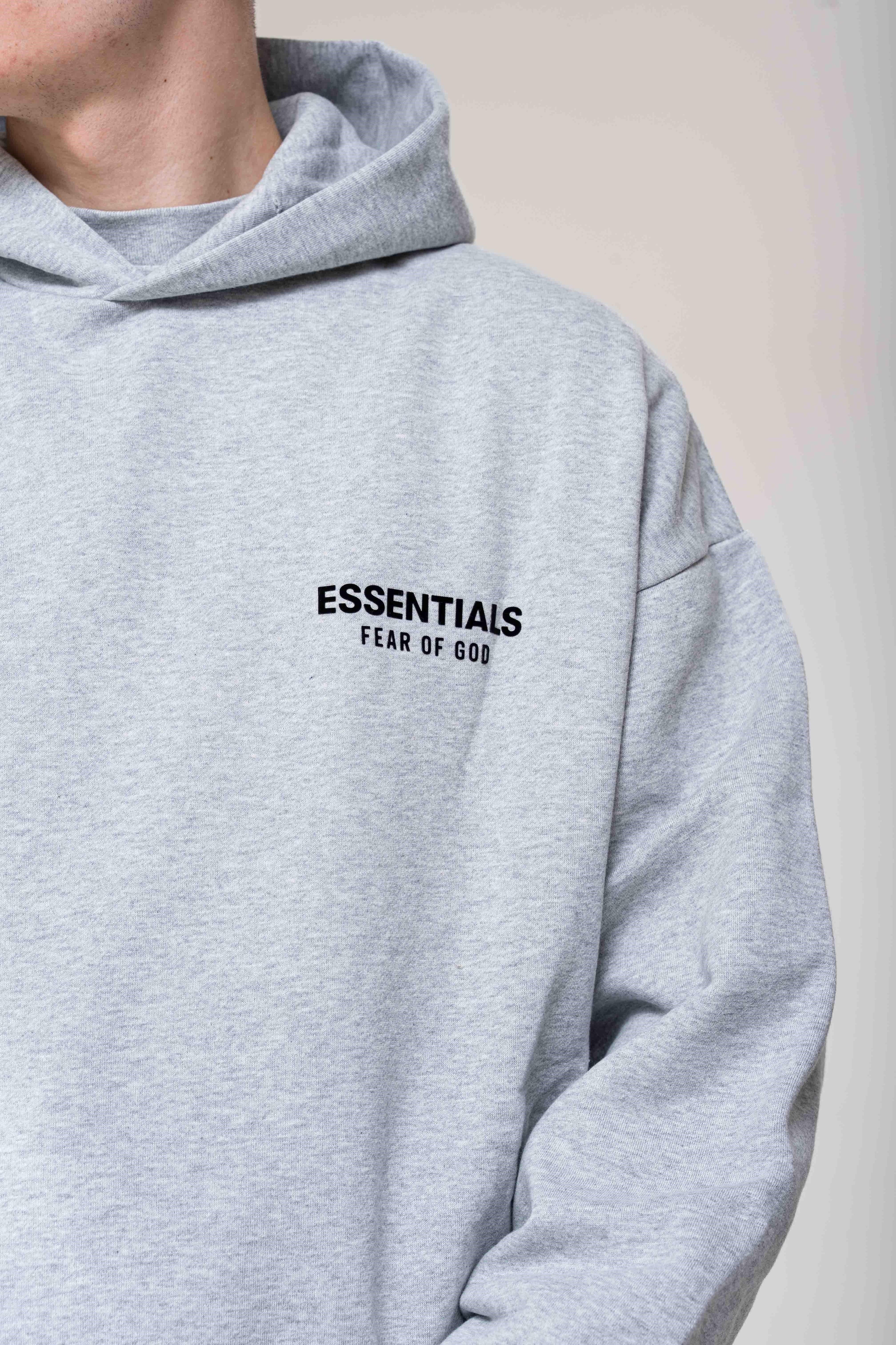 Fear of God Essentials Fleece Light Heather Gray Hoodie logo detail