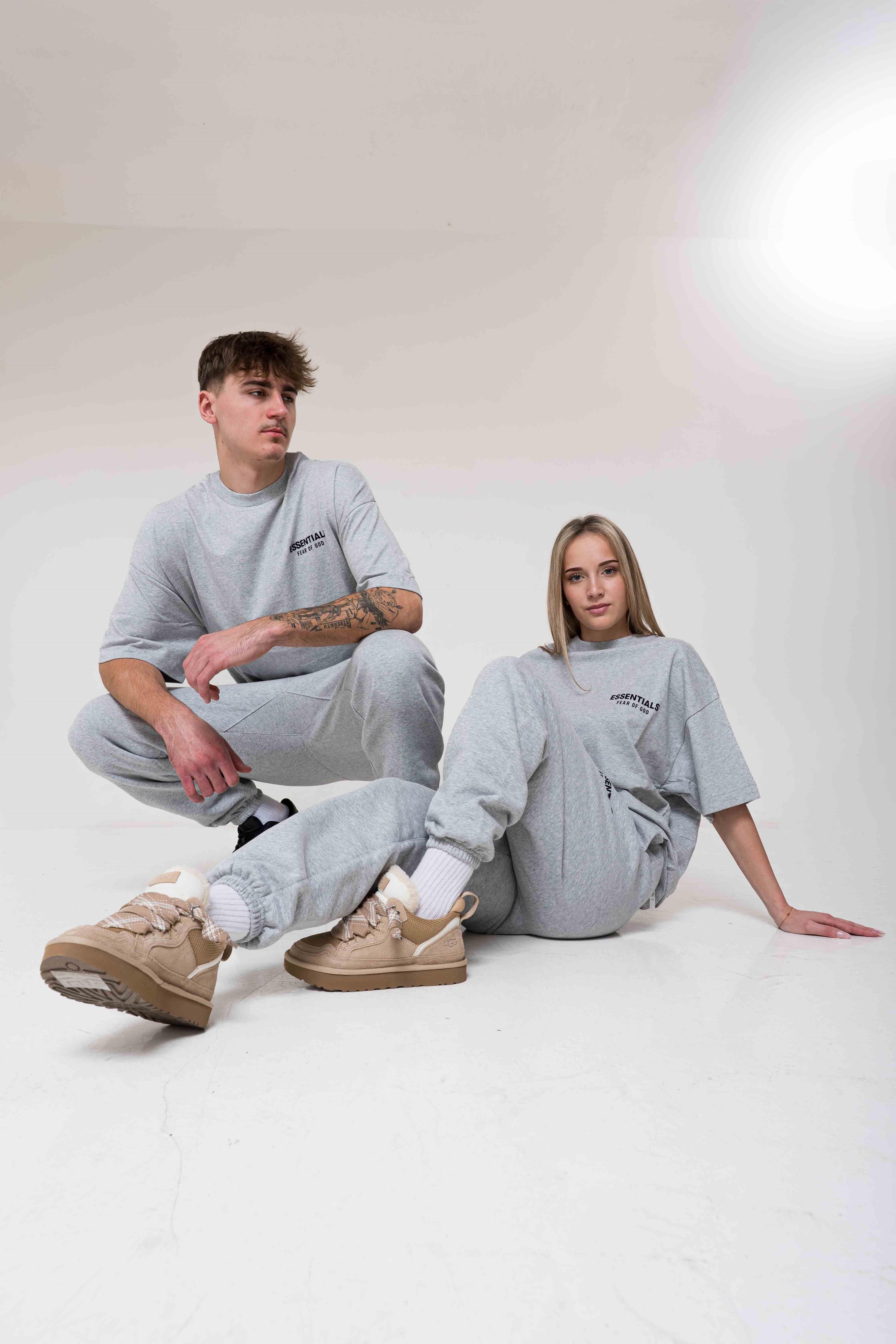 Fear of God Essentials Fleece Sweatpants Light Heather Gray outfit idea