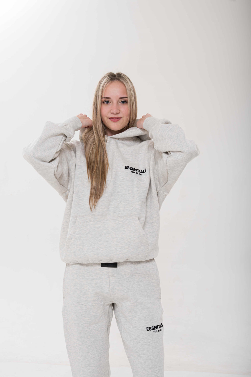 Fear of God Essentials Light Oatmeal Hoodie outfit