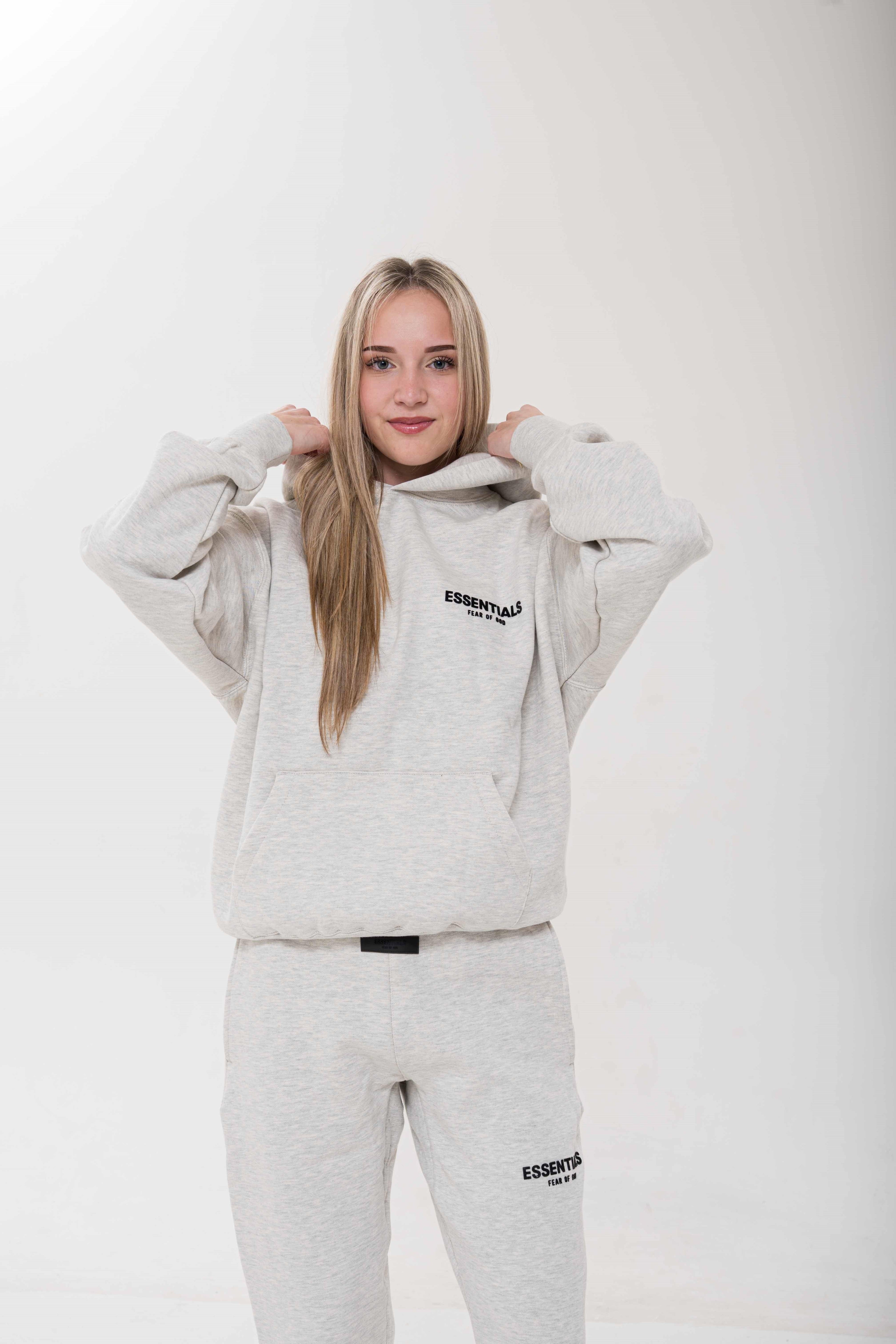 Fear of God Essentials Light Oatmeal Hoodie outfit